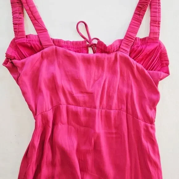 Line & Dot Brooke Bias Cut Ruched Tie Bust Sateen Midi Dress in Hot Pink S - Picture 15 of 16